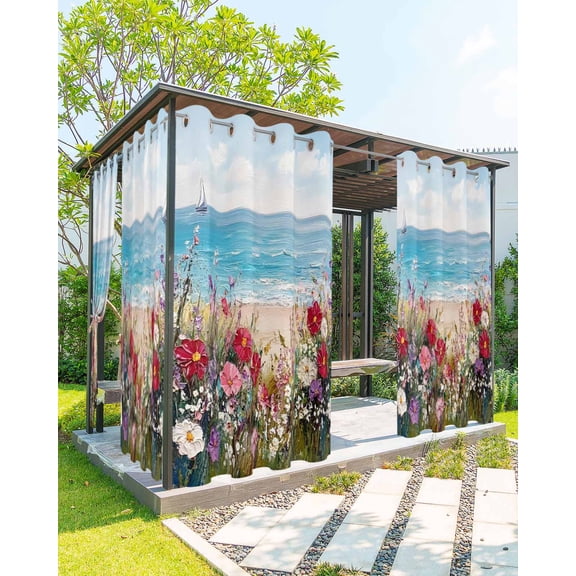 Spring Flower Outdoor Curtains for Patio, Oil Painting Colorful Floral Boat Ocean Vintage Waterproof Weatherproof Outside Privacy Curtains Outdoor Drapes for Porch Pergola Gazebo 54x84 Inch, 1 Panel