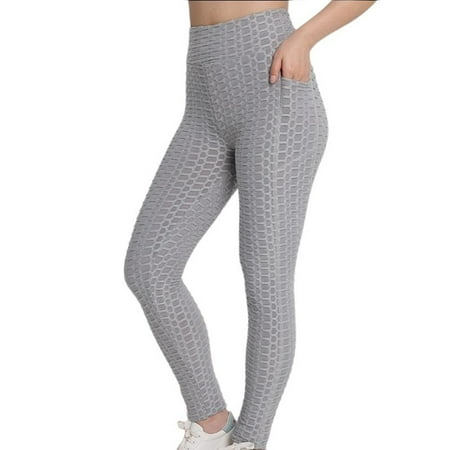 FYEGRE Women s High Waist Textured Yoga Pants with Pockets for Fitness Booty Lifting Workout Leggings and Athletic Tights Grey L