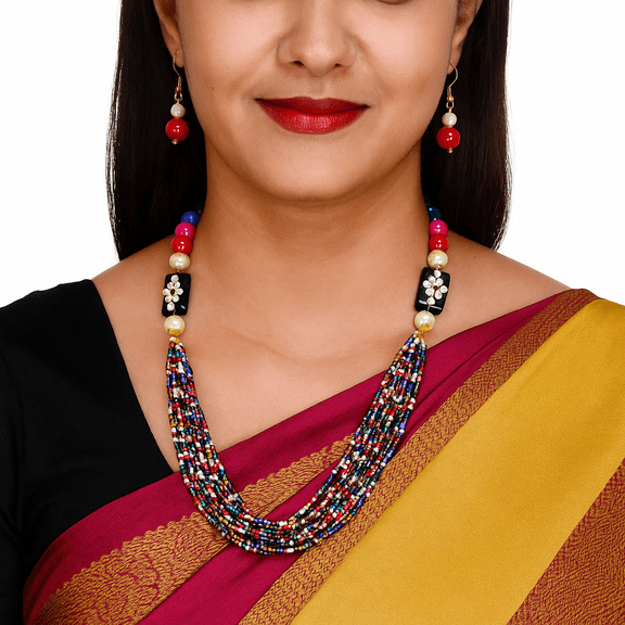 Multicolor Beaded Necklace Set with Kundan Floral Pendant and Matching Earrings – Ethnic Handmade Jewelry