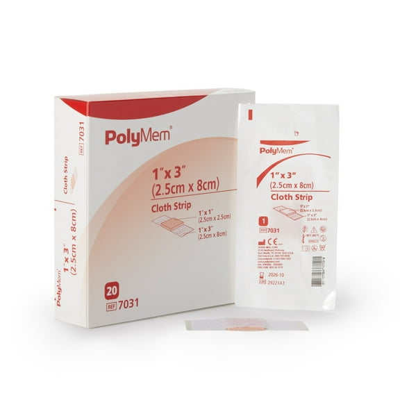 PolyMem Adhesive Strip 1 X 3 Inch Polyurethane / Film Rectangle Pink / White Sterile, 7031 - Box of 20