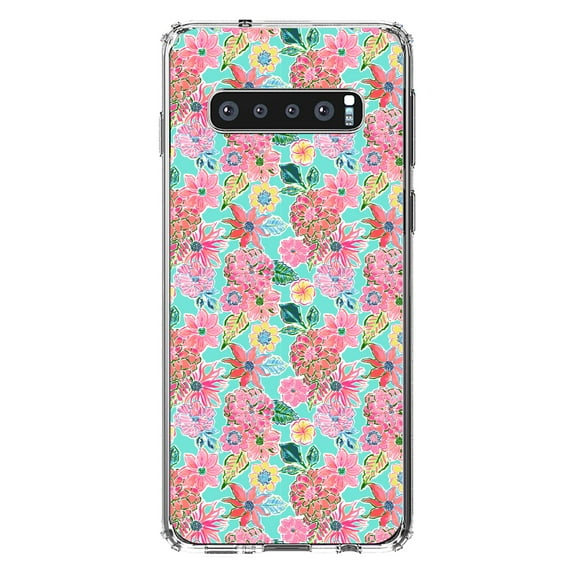 DistinctInk Clear Shockproof Hybrid Case for Samsung Galaxy S10 (6.1" Screen) - TPU Bumper, Acrylic Back, Tempered Glass Screen Protector - Preppy Pattern - Pink Flowers on Teal Background