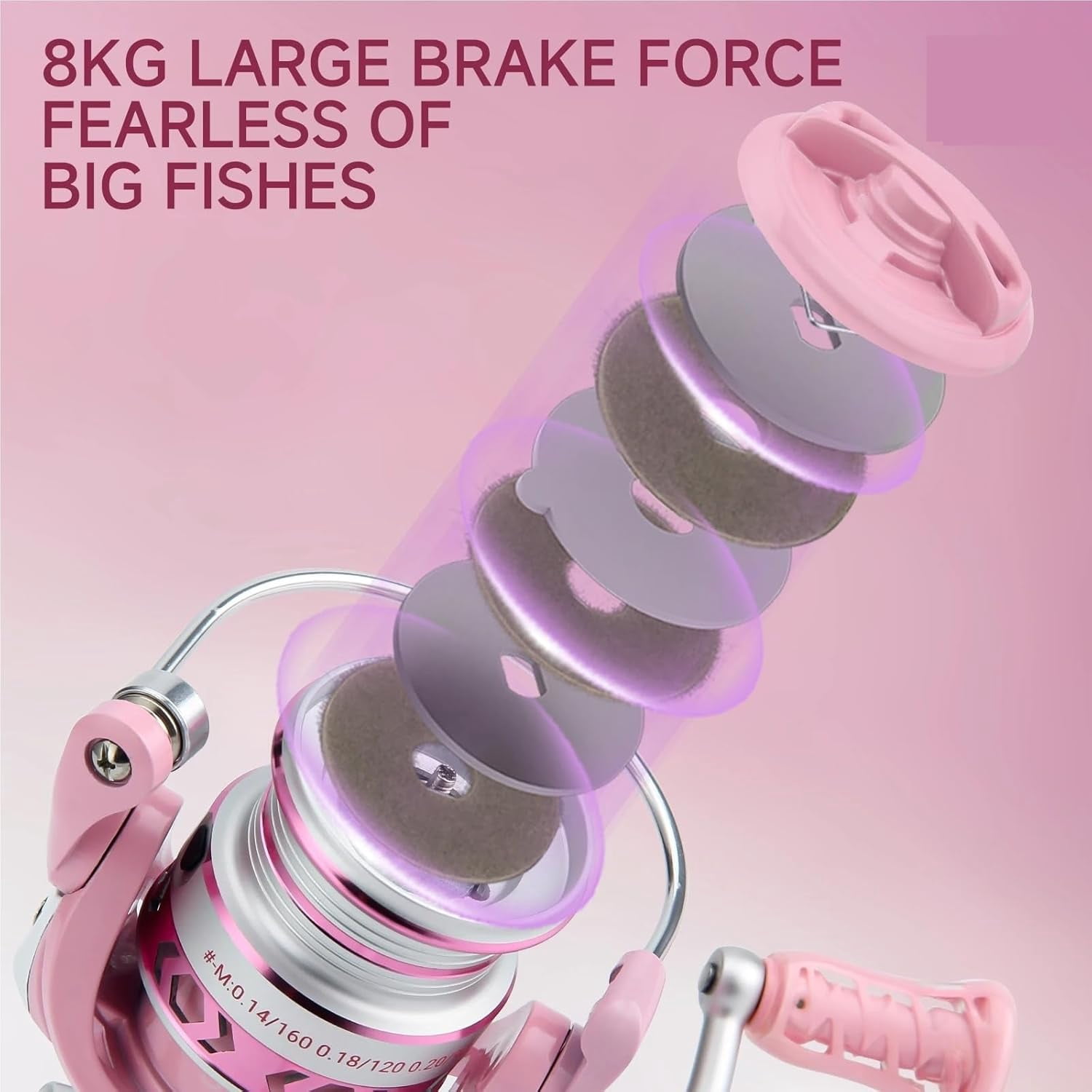 Pink Purple Lightweight Spinning Fishing Reel 3+1BB 5.2:1 Gear Ratio 8KG Max Drag Metal Spool Rocker Arm Interchangeable for Left and Right Hands