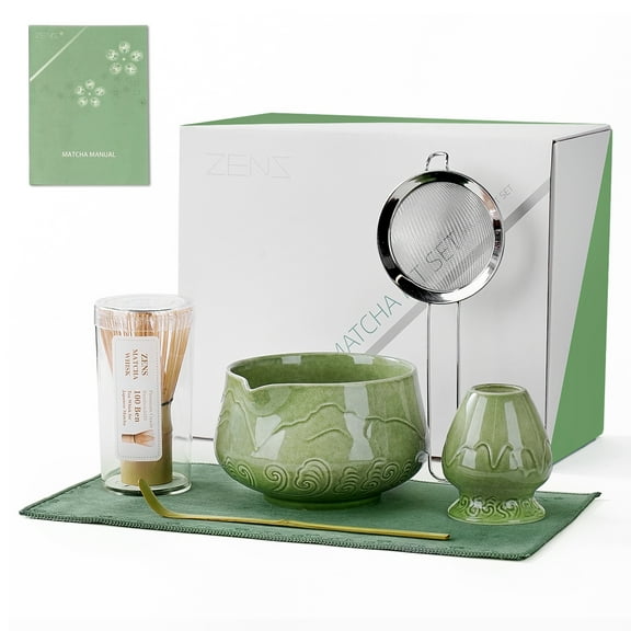 ZENS Matcha Whisk Set, 15oz Ceramic Matcha Set Includes Matcha Bowl, Bamboo Whisk & Chasen Holder, Sifter, Scoop & Tea Towel