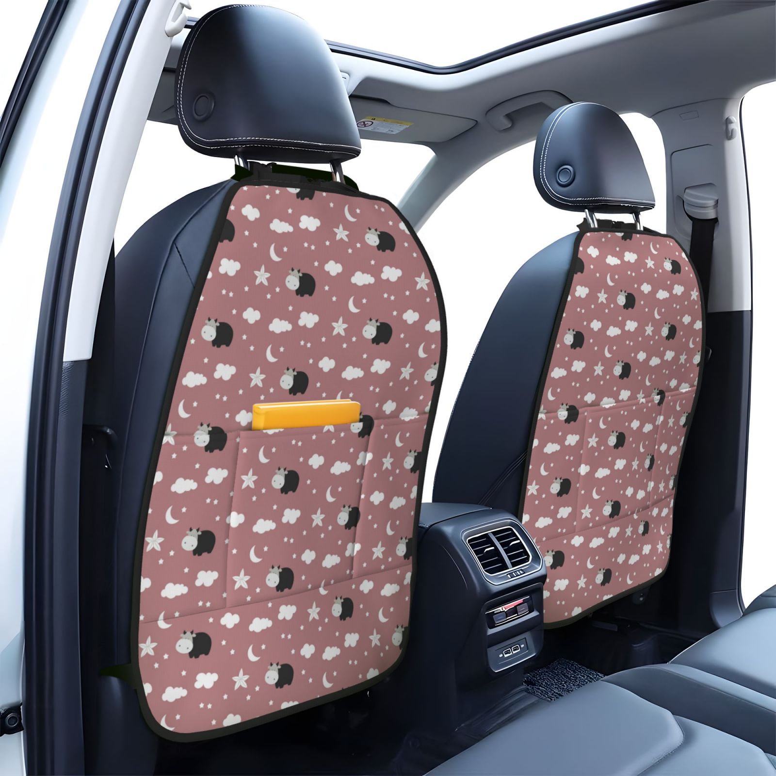Kdxio Cute Calf Print 2 Pack Car Kick Mat Seat Cover Back Protector Mat with Pockets for Organizer Backseat Protector and Storage Anti Kick Pad for Vehicles