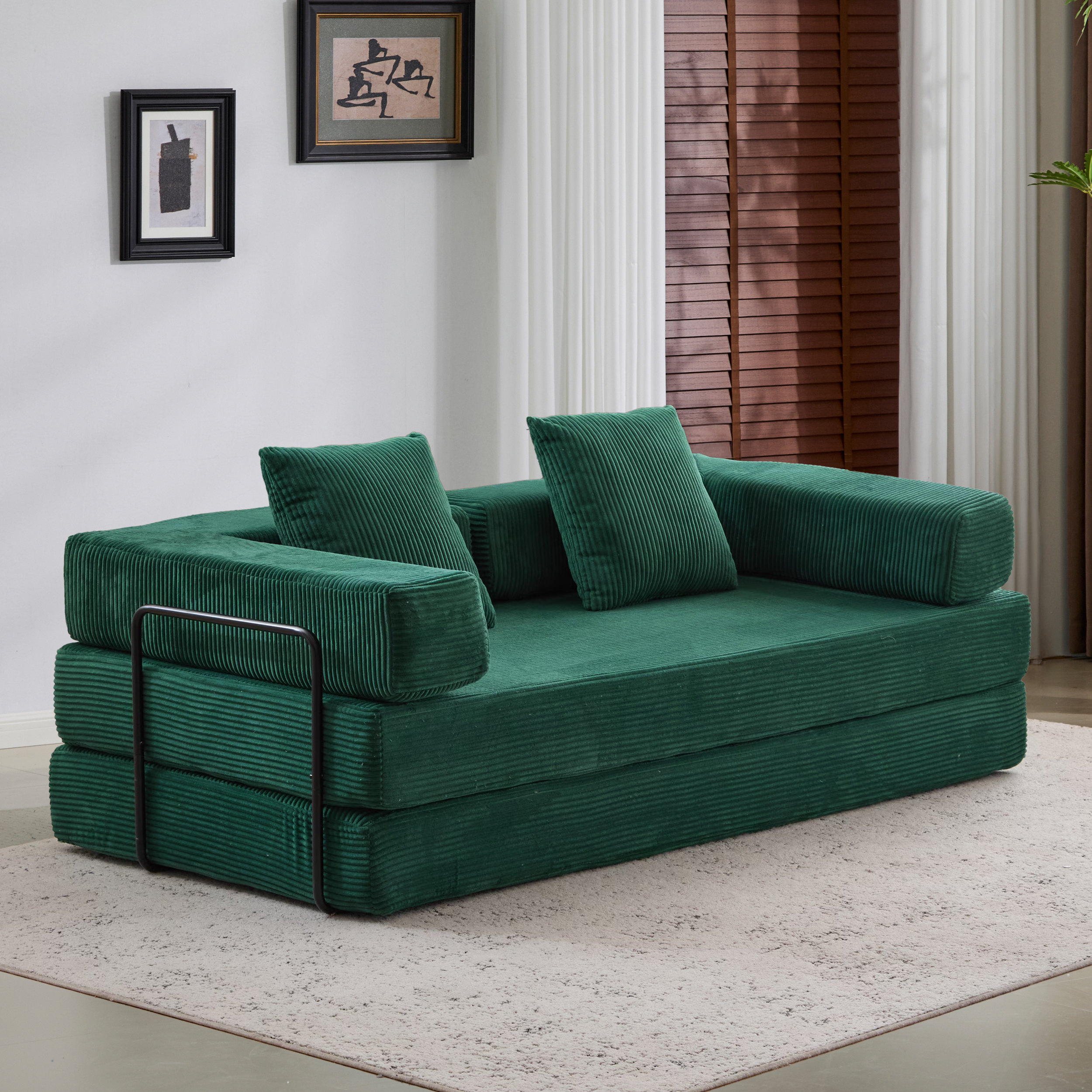 Convertible Couch Sofa Bed Foldable Floor Sleeper | Modern Fold Out Couch | Removable Backrest & Armrests | No Assembly Compression Sofa Sleeper for Living Room, Bedroom | Corduroy Fabric Green