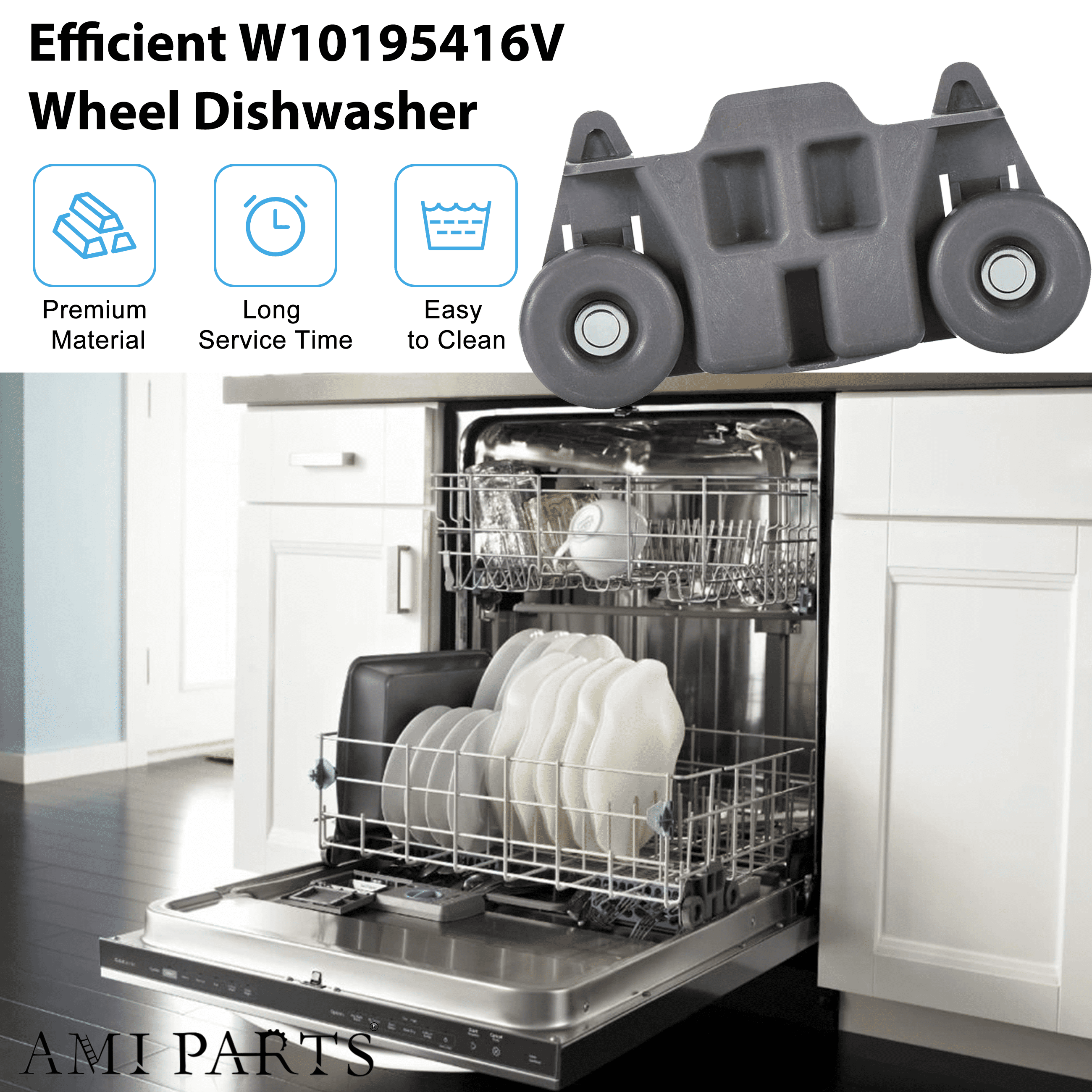 AMI PARTS W10195416V Lower Wheel Dishwasher Dish Rack Roller for Whirlpool W10195416 W10195416VP