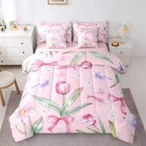 Manfei Kid Retro Rustic Flower Bedding Comforter Set 7 Pieces, Pink Blossoms Floral Full Bedding Set, Vintage Ribbon Bowknot Reversible Fitted Sheet Flat Sheet, Lightweight Room Decor