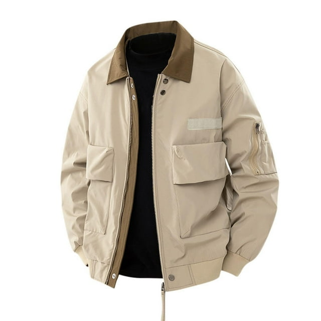 Men's Work Jacket, Windproof Long Sleeve Lapel Design with Pockets, Solid Color Casual Coat for Fall Outdoor Activities and Daily Wear