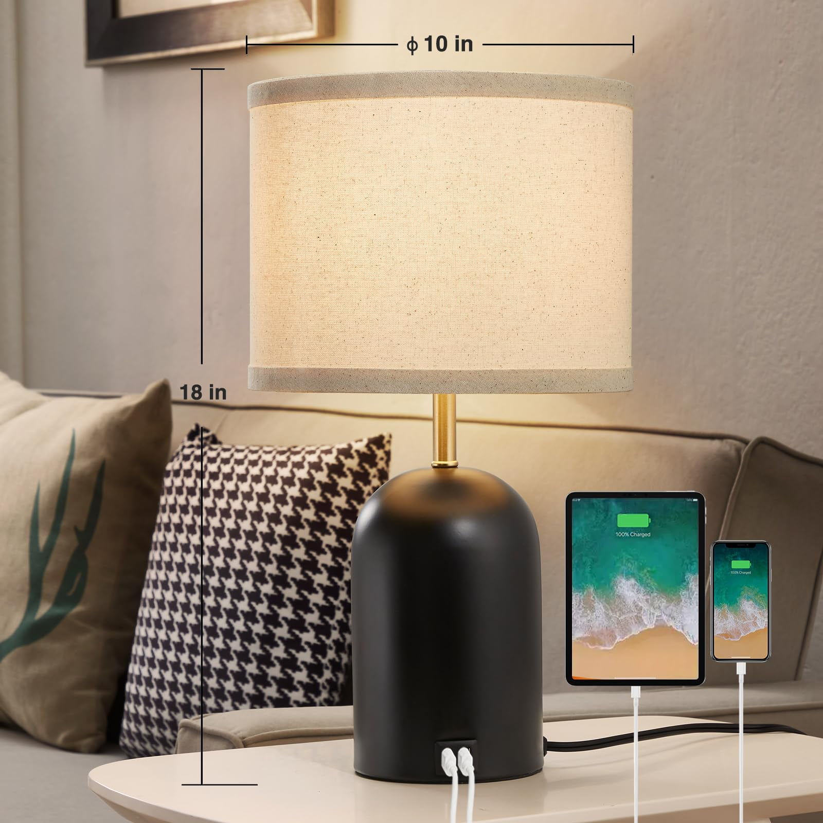 Natyswan Touch Control Table Lamps Set of 2, Modern Bedside Lamp with 2 USB Ports, 3-Way Dimmable Black Nightstand Lamp with Fabric Shade for Living Room Bedroom Office Dorm (LED Bulbs Included)
