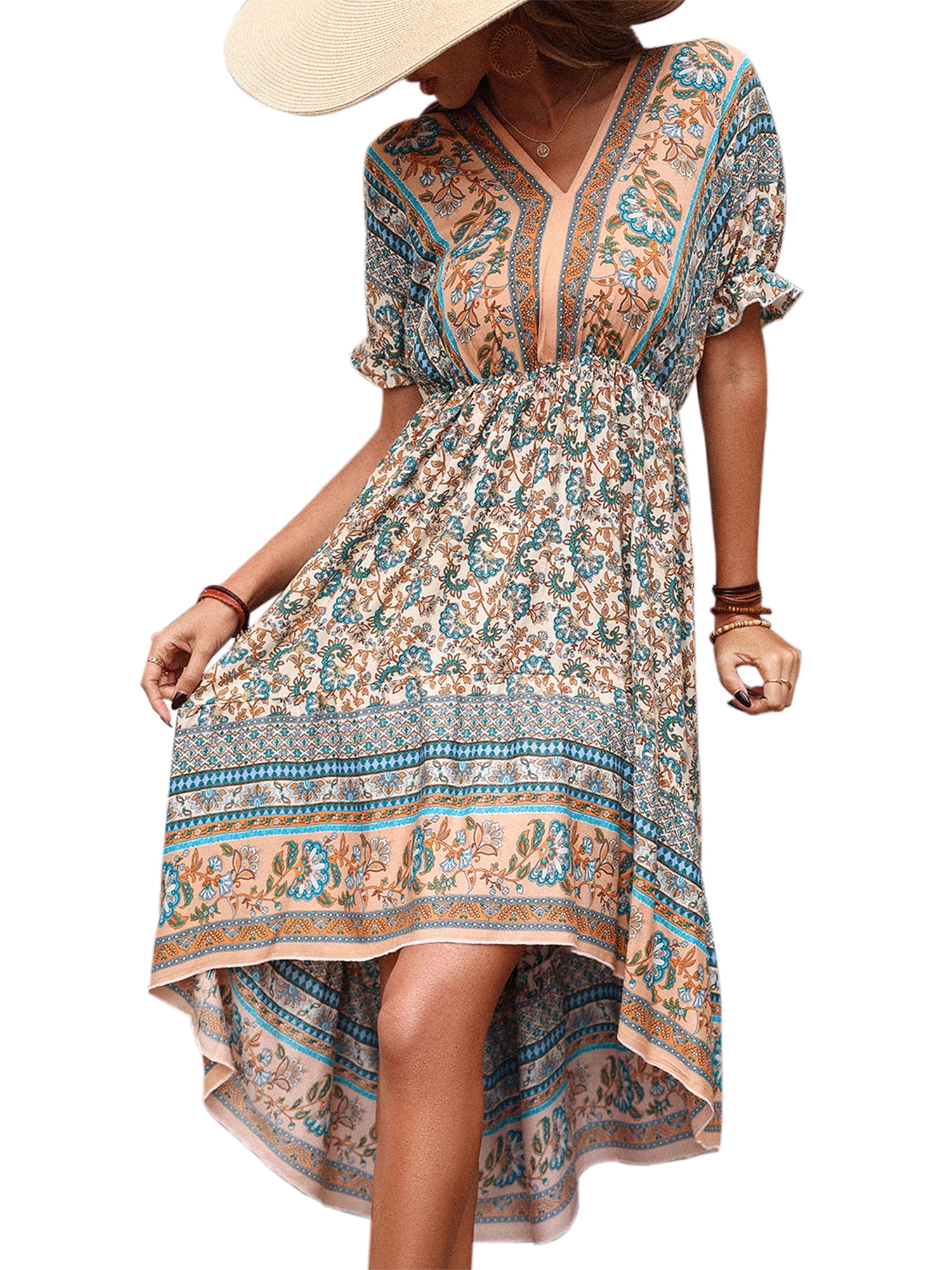 Yoeasy Women's V-Neck Maxi Dress – High Waist, Short Sleeve, Leaf Print Bohemian Beach Dress For Summer