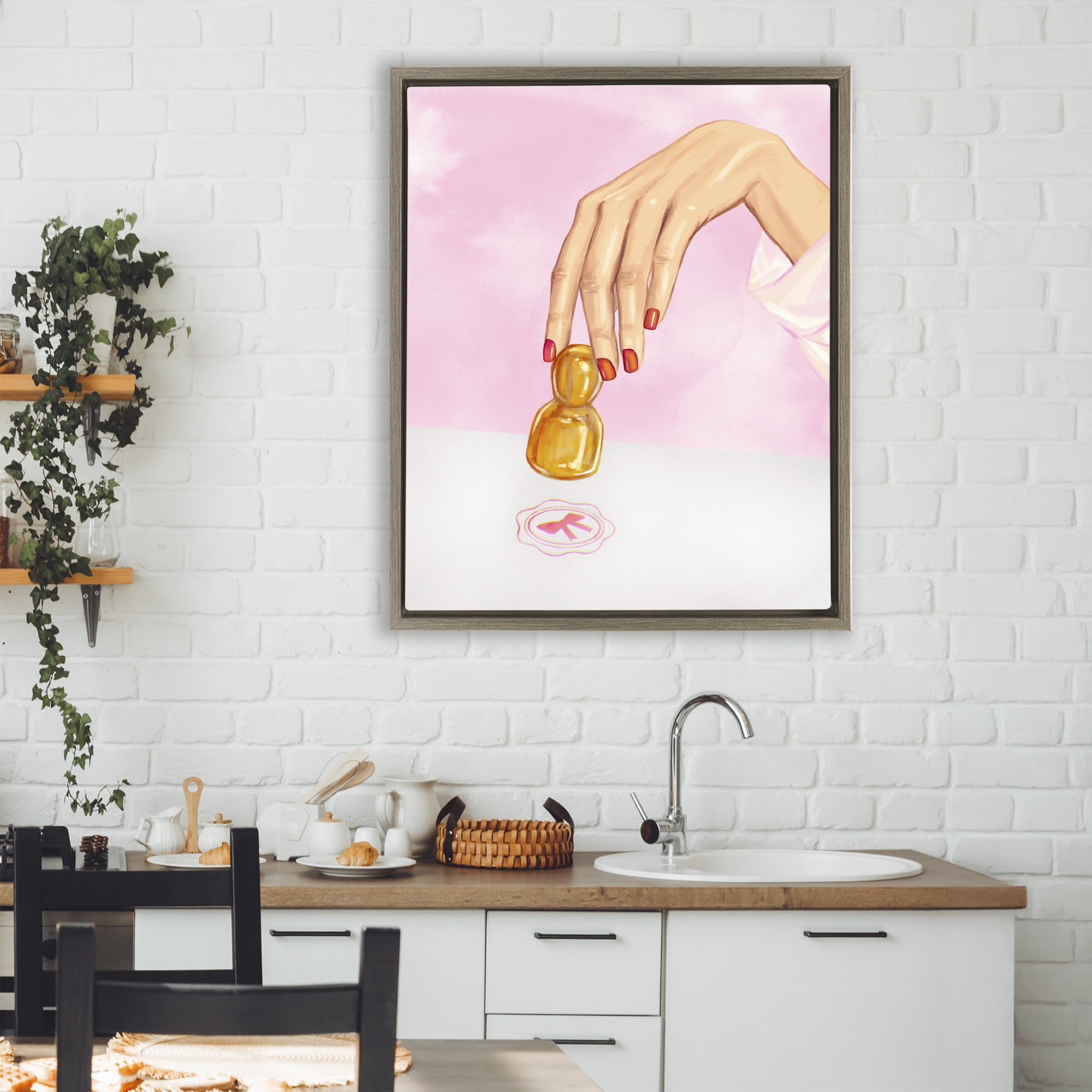 Pink Bow Fashion Stamper Brown Framed Floater Canvas Wall Art, design by Ziwei Li