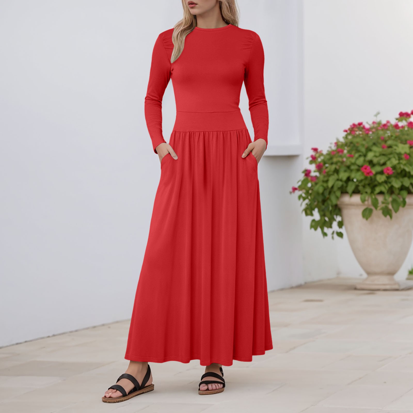 yocbz Women Dresses Women's Fall Midi Dress Long Sleeve Midi Dress Ribbed  Formal Work Office Teacher Dress Red