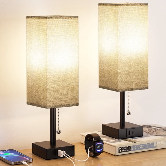 Bedside Table Lamp Set of 2 with USB C&A Charging Port, Pull Chain Control 3 Color Temperature Night Stand Lights for Bedroom, Living Room, Dorm, End Table