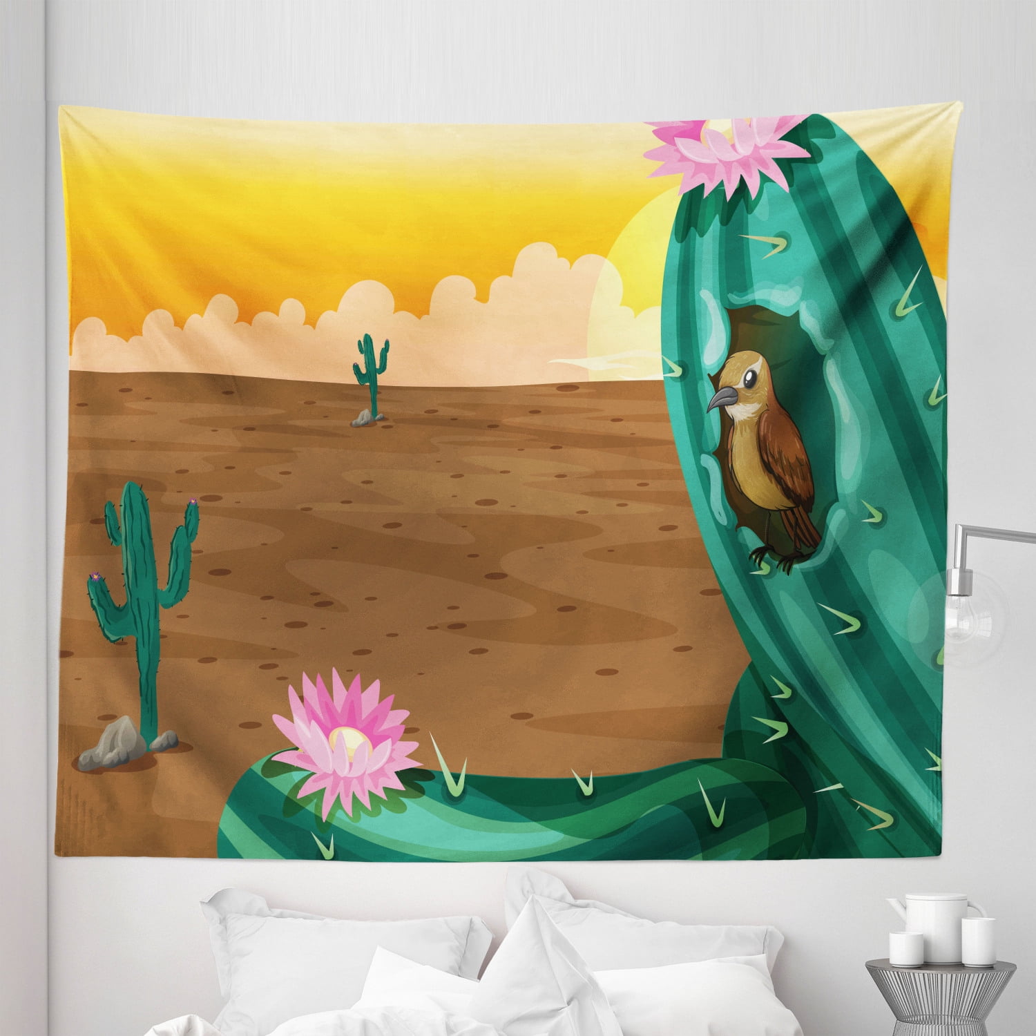 Colorful Tapestry, Desert Landscape Illustration with a Big Saguaro