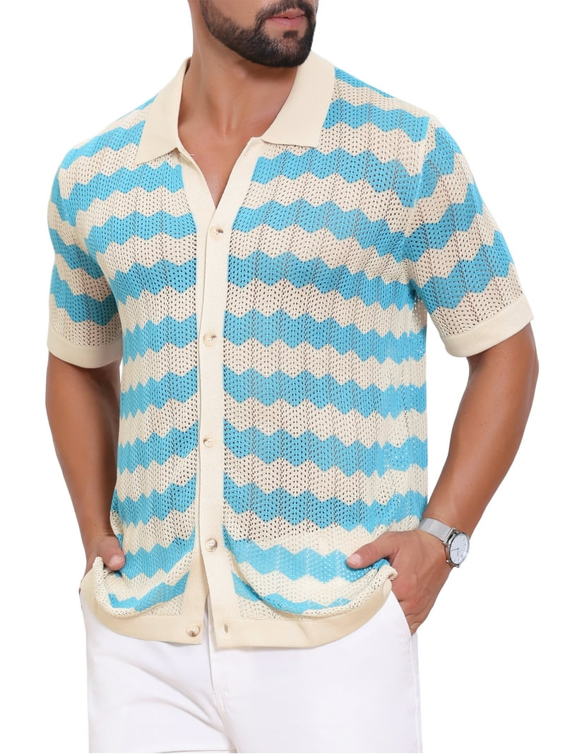 INSPIRE CHIC Men's Wave Crochet Shirt Hollow Short Sleeve Striped