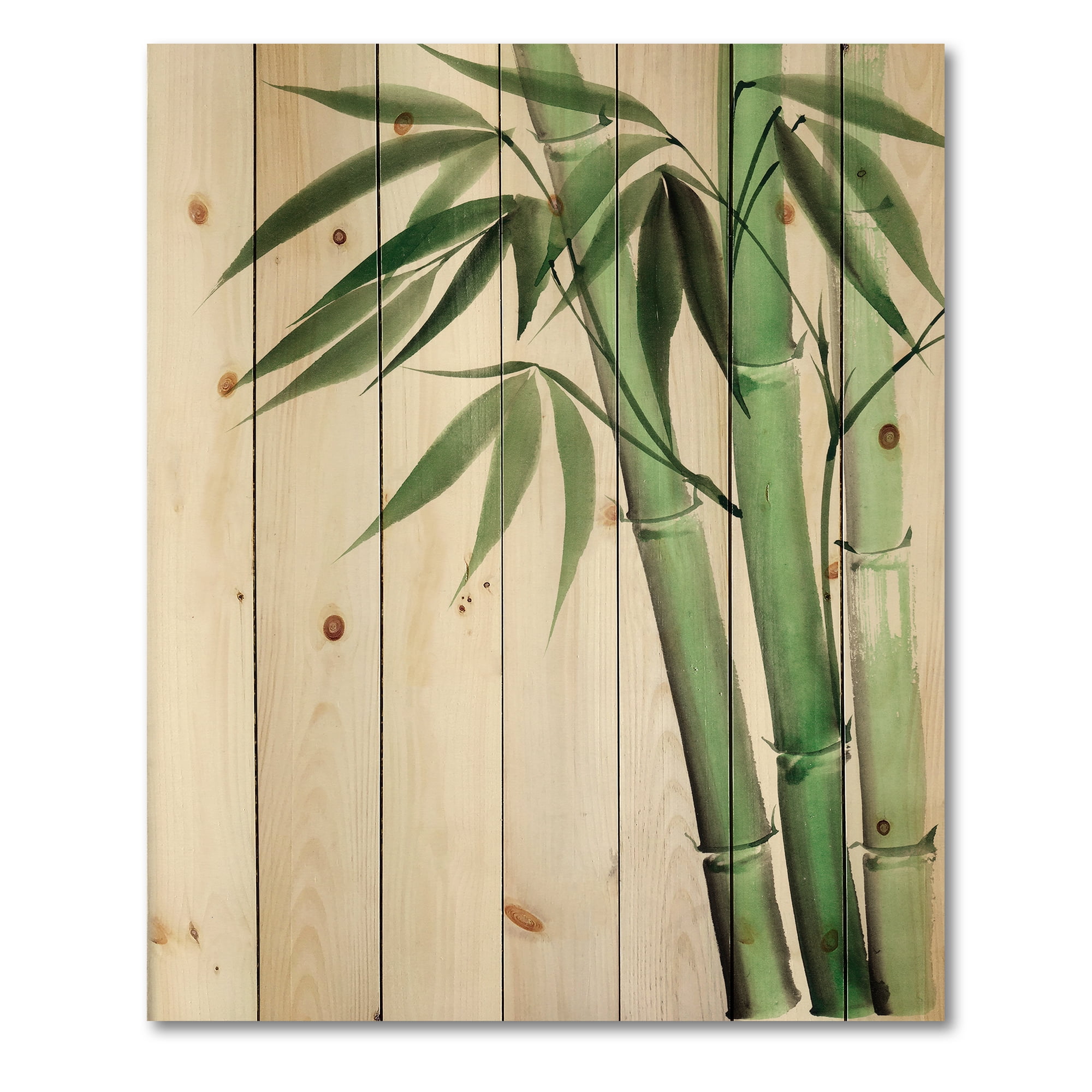 Designart 'Palm Bamboo Detail On White II' Traditional Print on Natural Pine Wood