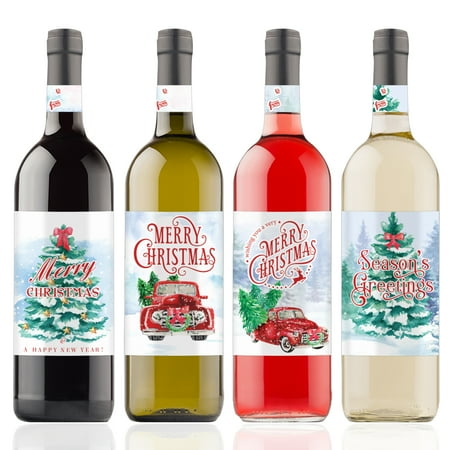 - Christmas Wine Bottle Stickers, 4 Count - Vintage Red Truck Christmas Decor - 4 Wine Labels with Gift Tags