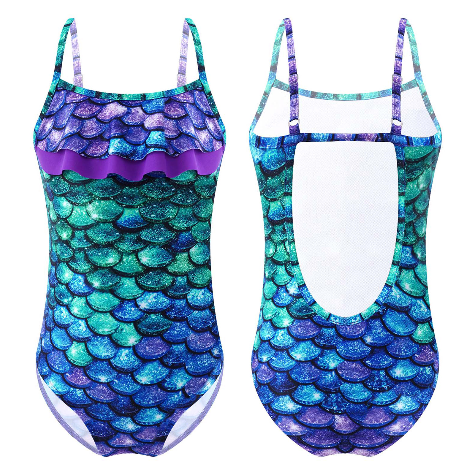 Kids Girls Onepiece Rash Guard Tankini Swimsuit Fish Scale Mermaid