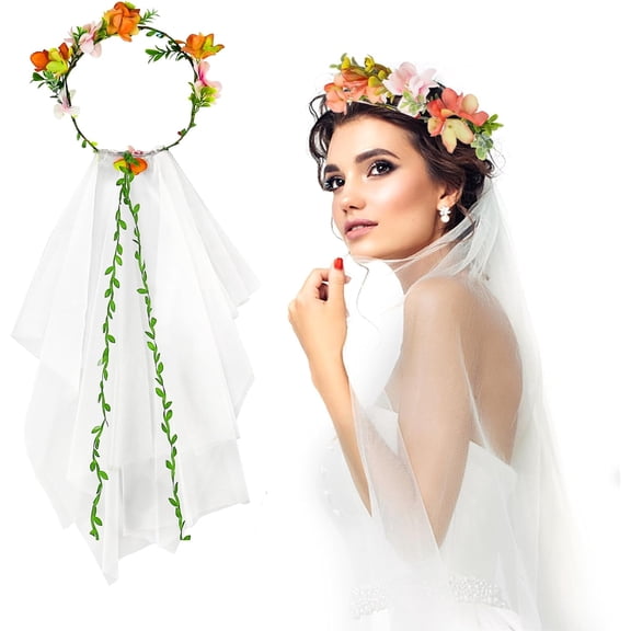 Flower Wreath Hair with Veil - Bridal Tulle Hair Band for Weddings