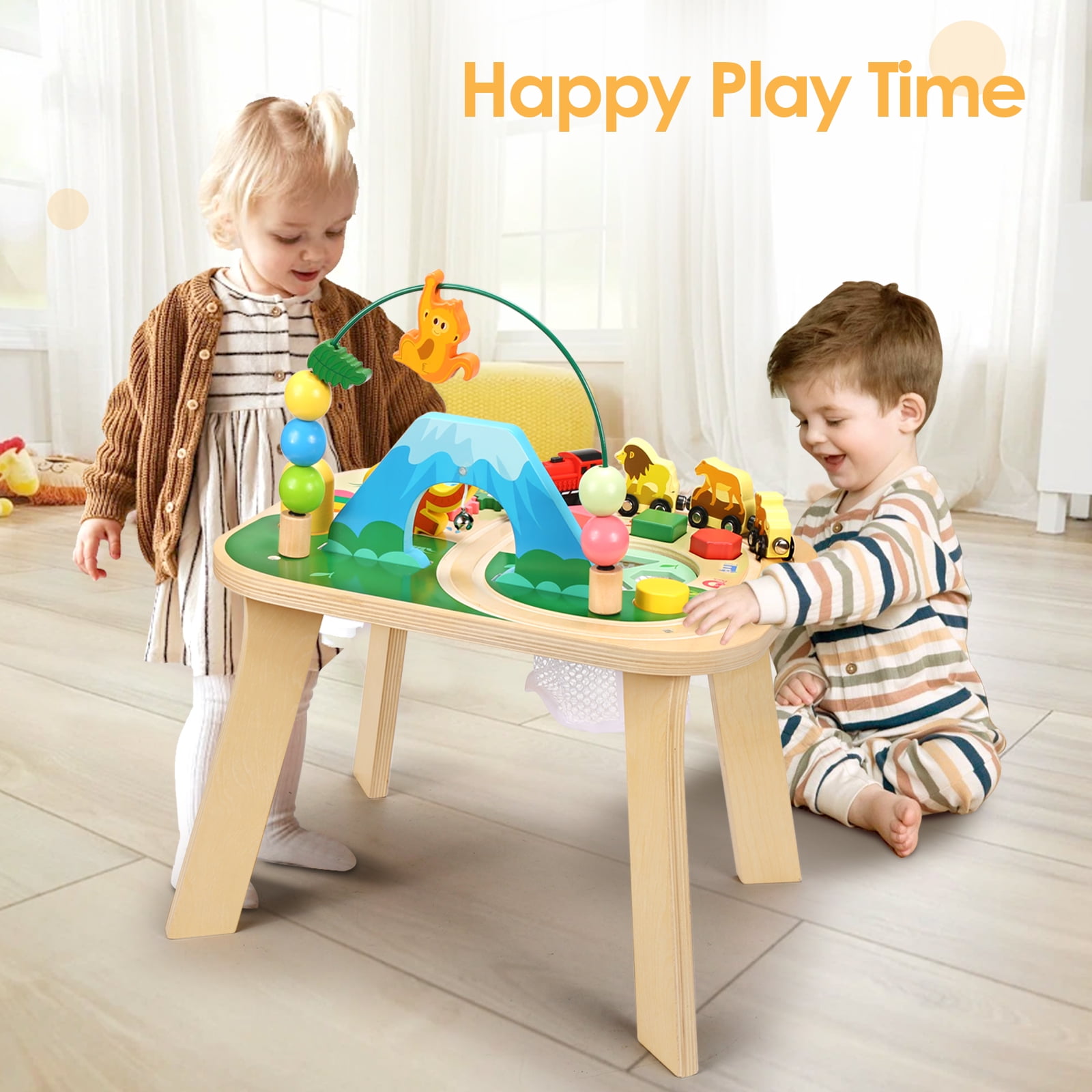 OATHX Toy Bead Maze Train Track Toddler Activity Table Kids Wooden Montessori Learn Sensory Toys for 1-5 Year