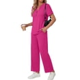 thumbnail image 3 of Fantaslook Two Piece Lounge Sets for Women Vacation Travel Outfits Dressy Casual V Neck Short Sleeve Tops Wide Leg Pants Fashion Outfits, 3 of 8