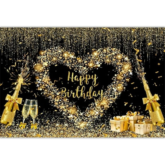 Beautiful Gold Happy Birthday Backdrop, Sweet Love Heart Birthday Banner, Fireworks Gold Spot Photography Background for Women Men Birthday Party Banner Decoration Supplies