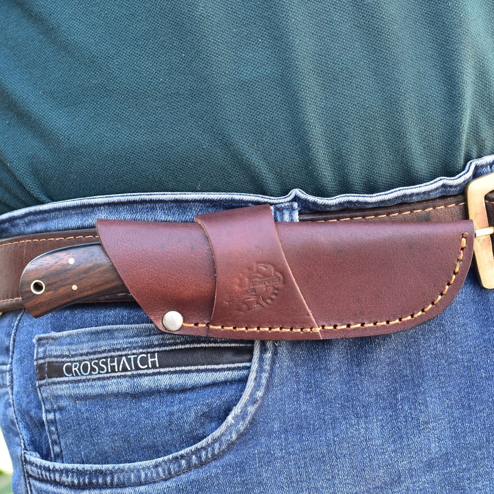 Knives Ranch Handmade Damascus Steel Hunting Full Tang Utility Knife with Indian Rosewood Handle and Heavy-Duty Cow Leather Horizontal Cowboy Style Sheath (2142-IRW)