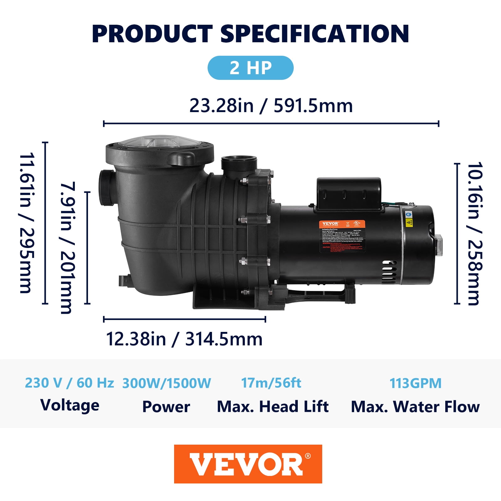 VEVOR Swimming Pool Pump, 2HP 230V, 1500W Double Speed Pump for in/Above Ground Pool w/ Strainer Basket, 5520GPH Max. Flow, Certification of ETL
