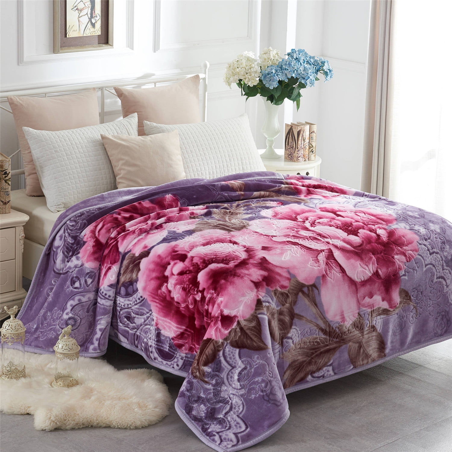 Queen Size Korean Mink Blanket 8 LBS Heavy Warm Thick Super Soft Purple Flower 
