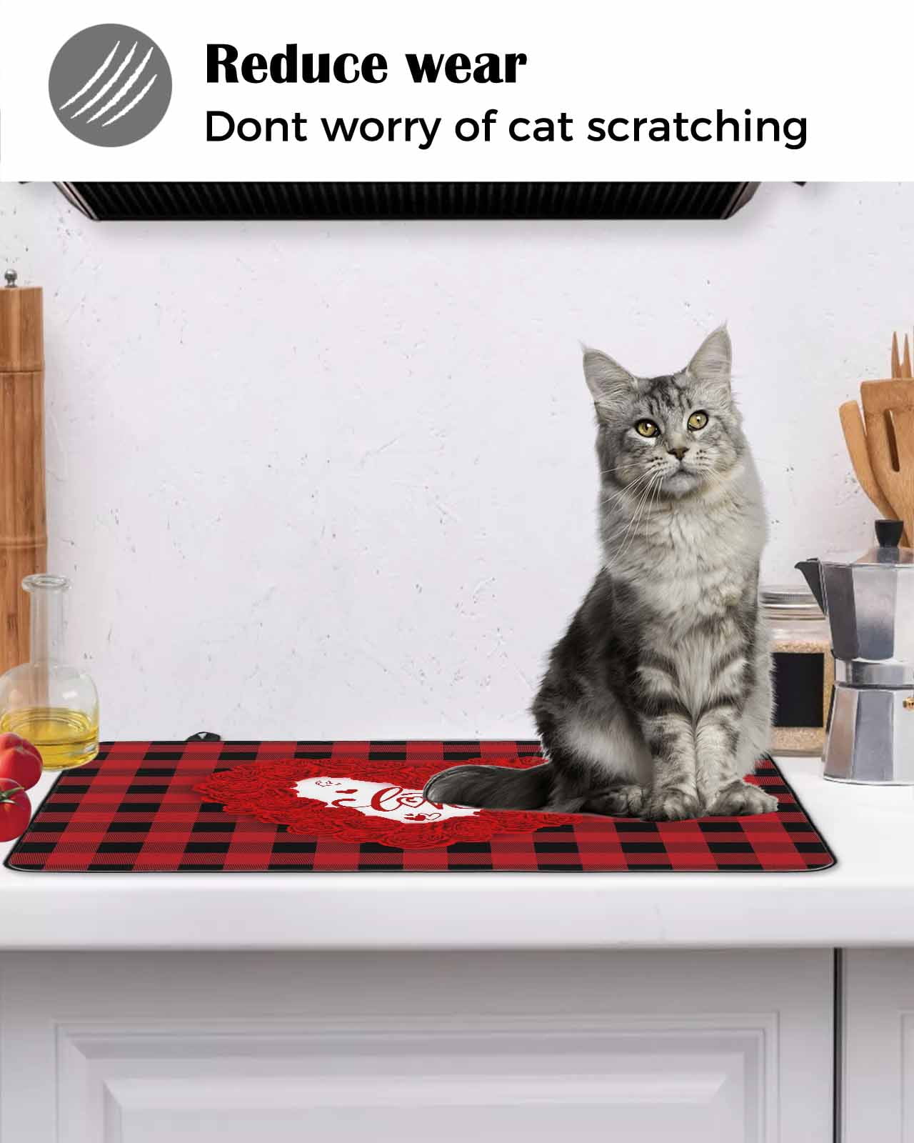 Large Induction Cooktop Protector Mat Valentine's Day Stove Top Covers for Electric Stove, Love Heart Romantic Red Black Plaid Decorative Stove Burner Cover Mats, Glass Top Stove Cover