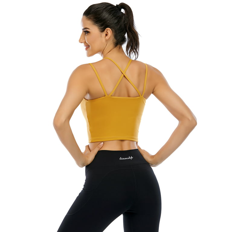 Womens Padded Sport Bras Sling Tube Top Camisole Medium Support Yoga Sports  Bra Fitness Workout Running Camisole Crop Top with Built in Bra 