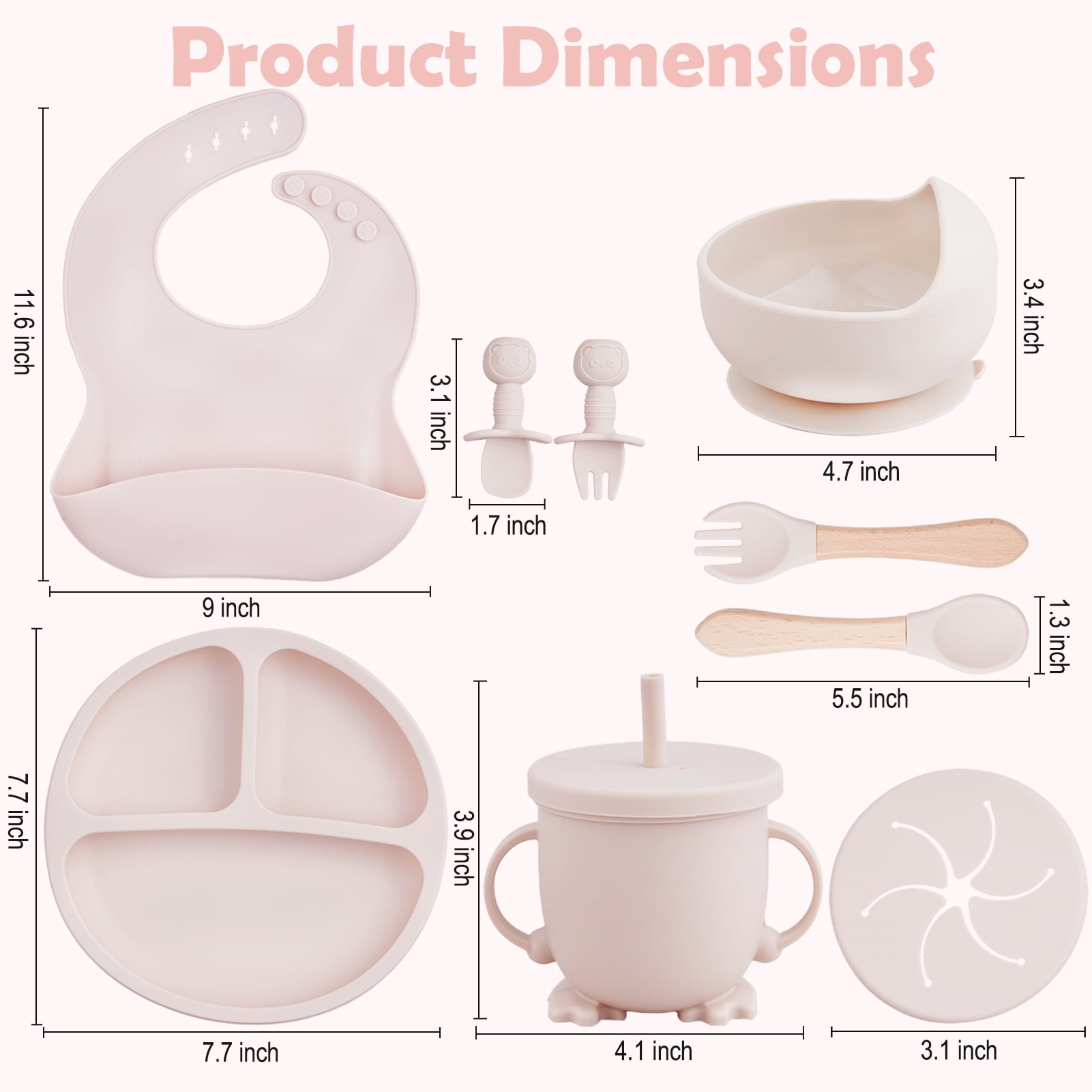 Lumikrypt Silicone Baby Feeding Set, 9 Pcs Baby Led Weaning Utensils, Baby Suction Bowl, Plates, Bib, Spoons Set, Sippy Cup with Straw, Baby Self Feeding Supplies Set (Beige)