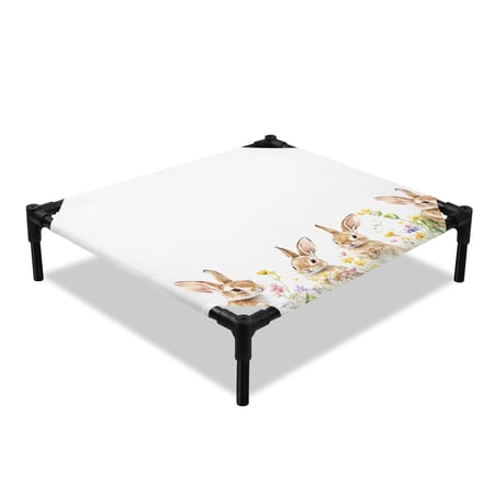 Spring Easter Elevated Dog Bed Bunny Cute Rabbits Wildflowers Cooling Breathable Outdoor Raised Dog Cot Bed with Metal Frame Non-Slip Feet for Small Dog 20x20in