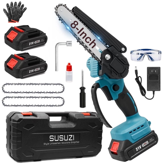 SUSUZI 8 Inch Cordless Pruning Chainsaw, 21 V Cordless Handheld Chain Saw with 2 x 2000mAh Batteries for Tree Trimming Gardening Wood Cutting
