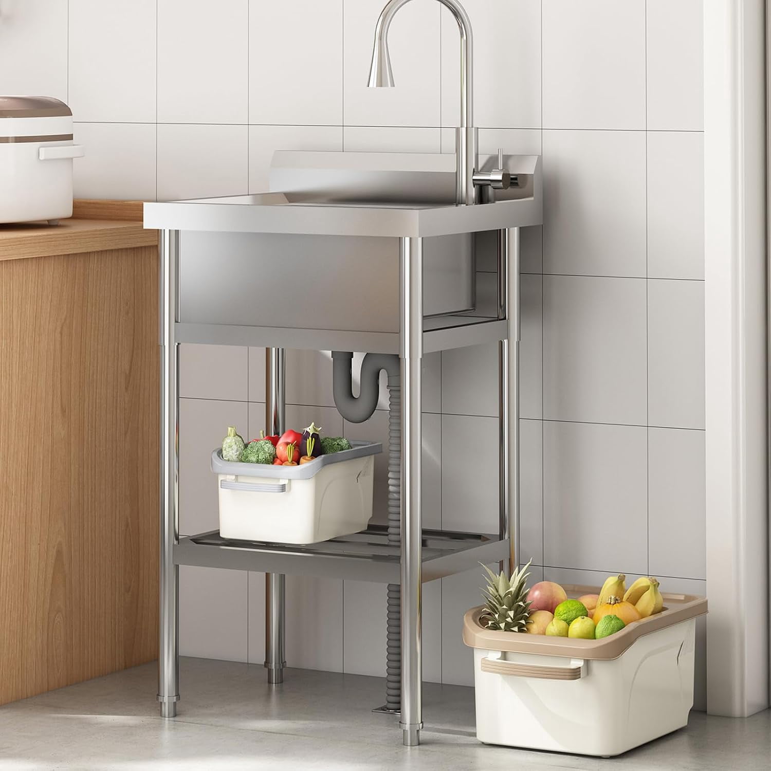 24 Inch Utility Sink With Faucet & Cold and Hot Water Pipes, Free Standing Sink for Kitchen Laundry Room Bathroom Restaurant Garage Garden Backyard, Stainless Steel Sink, Single Bowl Sink
