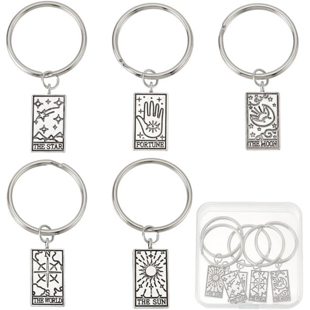 5 llaveros rectangulares de cartas del Tarot de 57 mm, de plata, con colgantes de cartas del Tarot, de ganchillo, para llaves, coches y bolsos.