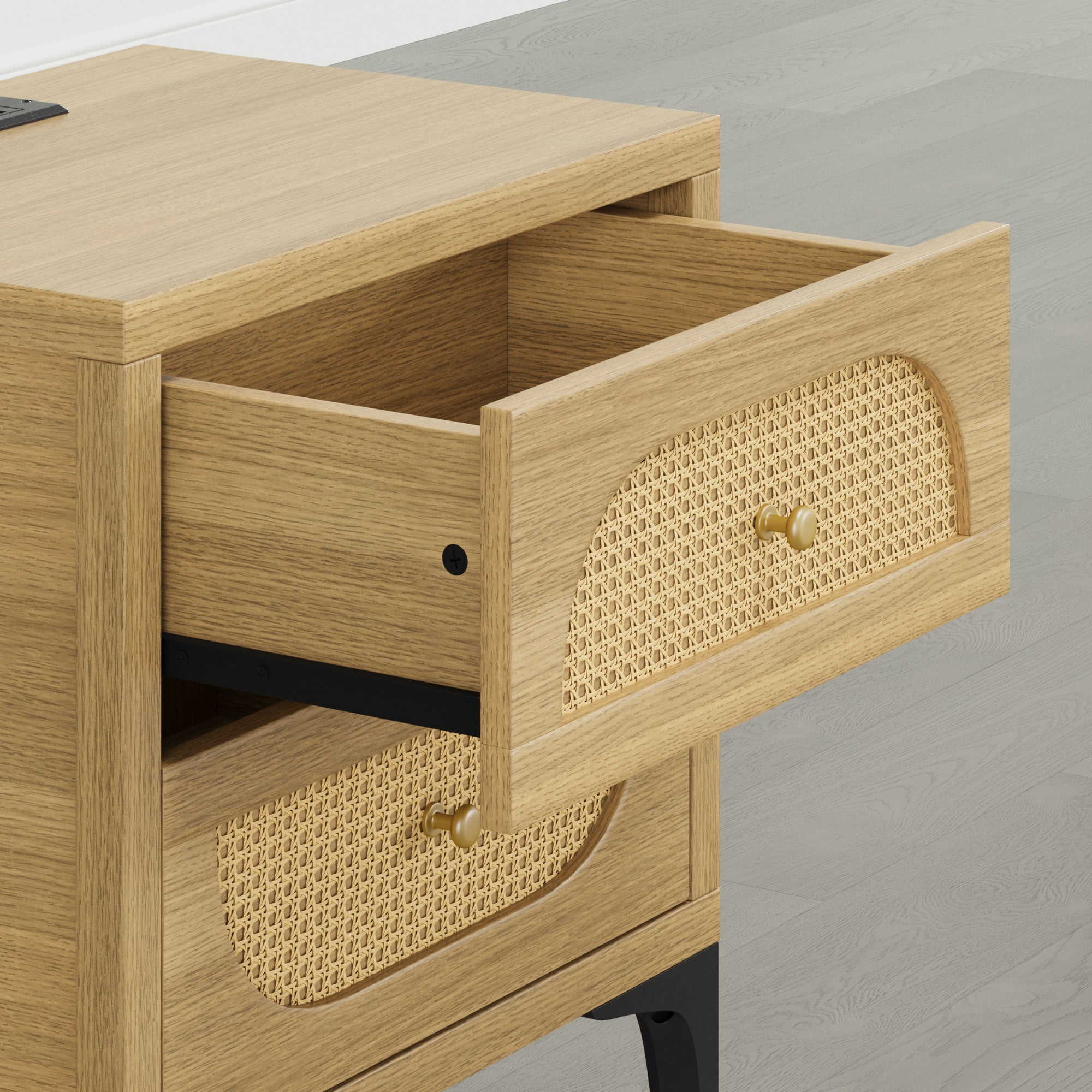 Spruce & Spring Boho Nightstands Set of 2, 2-Drawer End Tables with Charging Station, Rattan Front, Natural Wood Finish