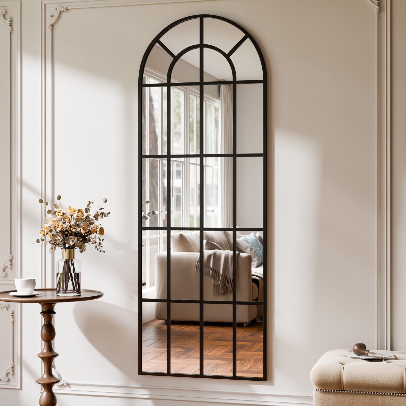 SHATTERVIEW 65"x24" Arched Full Length Mirror with Windowpane Wall-Mounted Leaning Mirror, Black