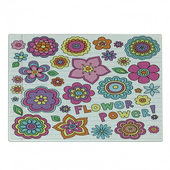 Flower Cutting Board, Groovy Psychedelic Hand Drawn Notebook Doodle Design Elements Flower Power Words, Decorative Tempered Glass Cutting and Serving Board, in 3 Sizes, by Ambesonne