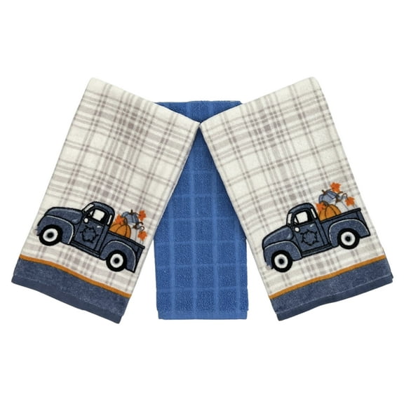 Serafina Home Nantucket Home Happy Harvest Country Fall Kitchen Towels Set: Colorful Cotton Velour Harvest Pumpkins Truck, Blue Border Plaid Print Background (Blue Truck)