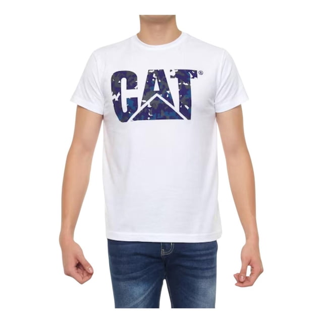 Playera Cat Hombre Blanco Azul Camo Logo Casual blanco L