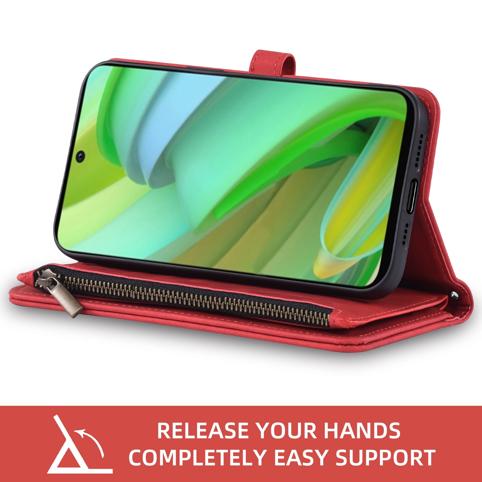 Asuwish Phone Case for Motorola Moto G Power 5G 2023 Wallet Cover With Tempered Glass Screen Protector Crossbody Wrist Strap Flip Pattern Zipper Credit Card Holder Stand Cell GPower G5 Women Men Red