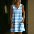 thumbnail image 5 of Women's Gingham Plaid Sleeveless Tunic Dress V Neck Loose Shift Mini Dress with Pockets Comfy Lounge Outfits Summer Beach Sundress Blue, 5 of 7