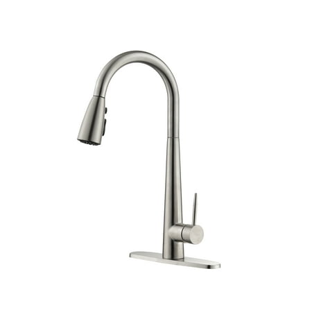 Izzovium High Arc Single Handle Kitchen Faucet with Pull Down Sprayer Brushed Nickel 15in Height Stainless Steel Modern Design for Sink Includes Deck Plate