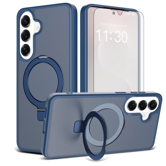 Asuwish Étui de Téléphone pour Samsung Galaxy S24 Plus/S25 Plus S24+ S25+ 5G Protecteur d'Écran en Verre Trempé Support Pliant Magnétique Givré Translucide Robuste Antichoc Étui de Protection Cellulaire SM-S936U Bleu