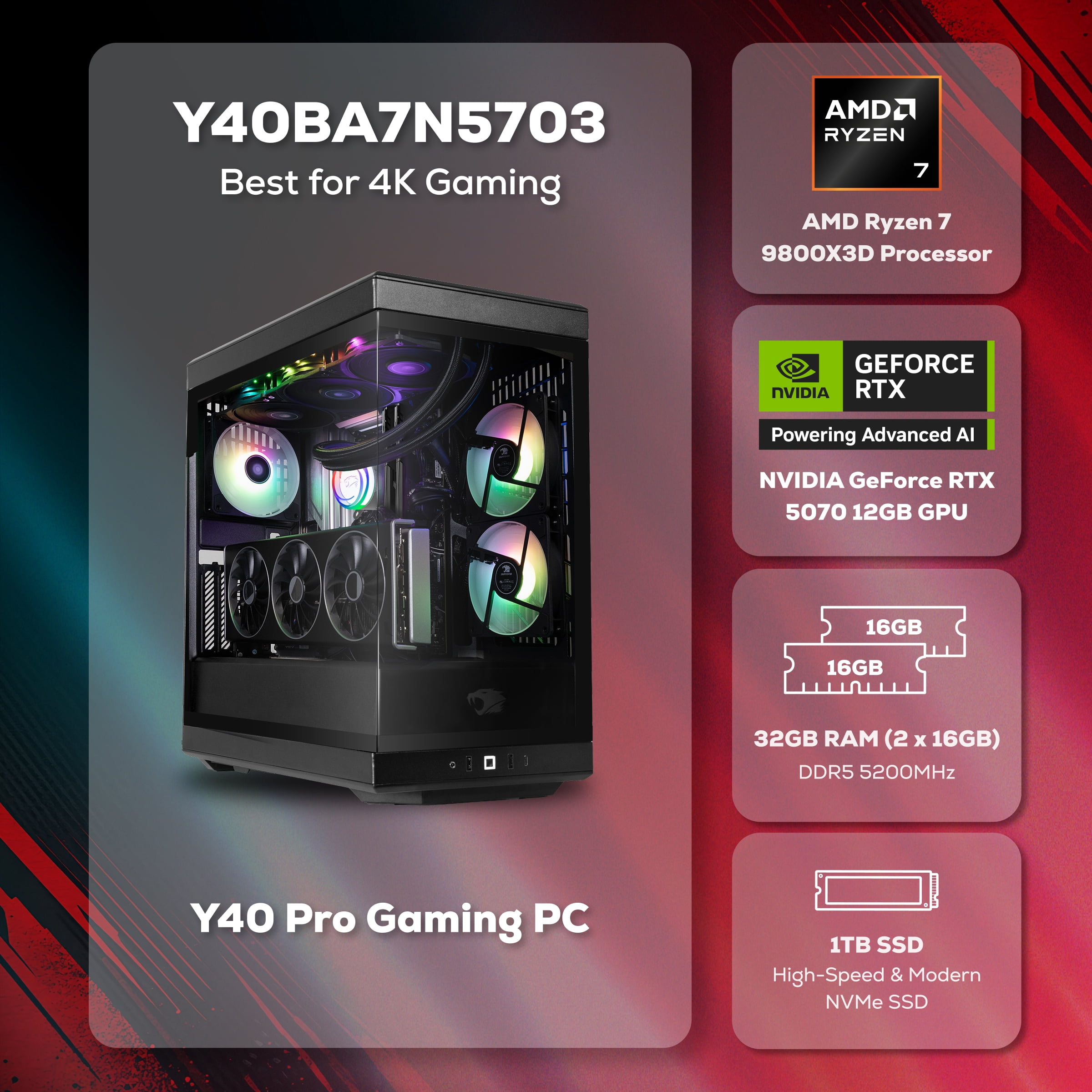 iBUYPOWER Y40 Gaming PC Desktop Computer AMD Ryzen 7 9800X3D CPU, NVIDIA GeForce RTX 5070 12GB GPU, 32GB DDR5 5200MHz RAM, 1TB NVMe SSD, Windows 11 Home, Gamer Keyboard and Mouse - Y40BA7N5703