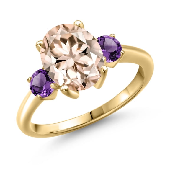 Gem Stone King 2.50 Ct Oval Peach Morganite Purple Amethyst 18K Yellow Gold Plated Silver Ring (Size 9)