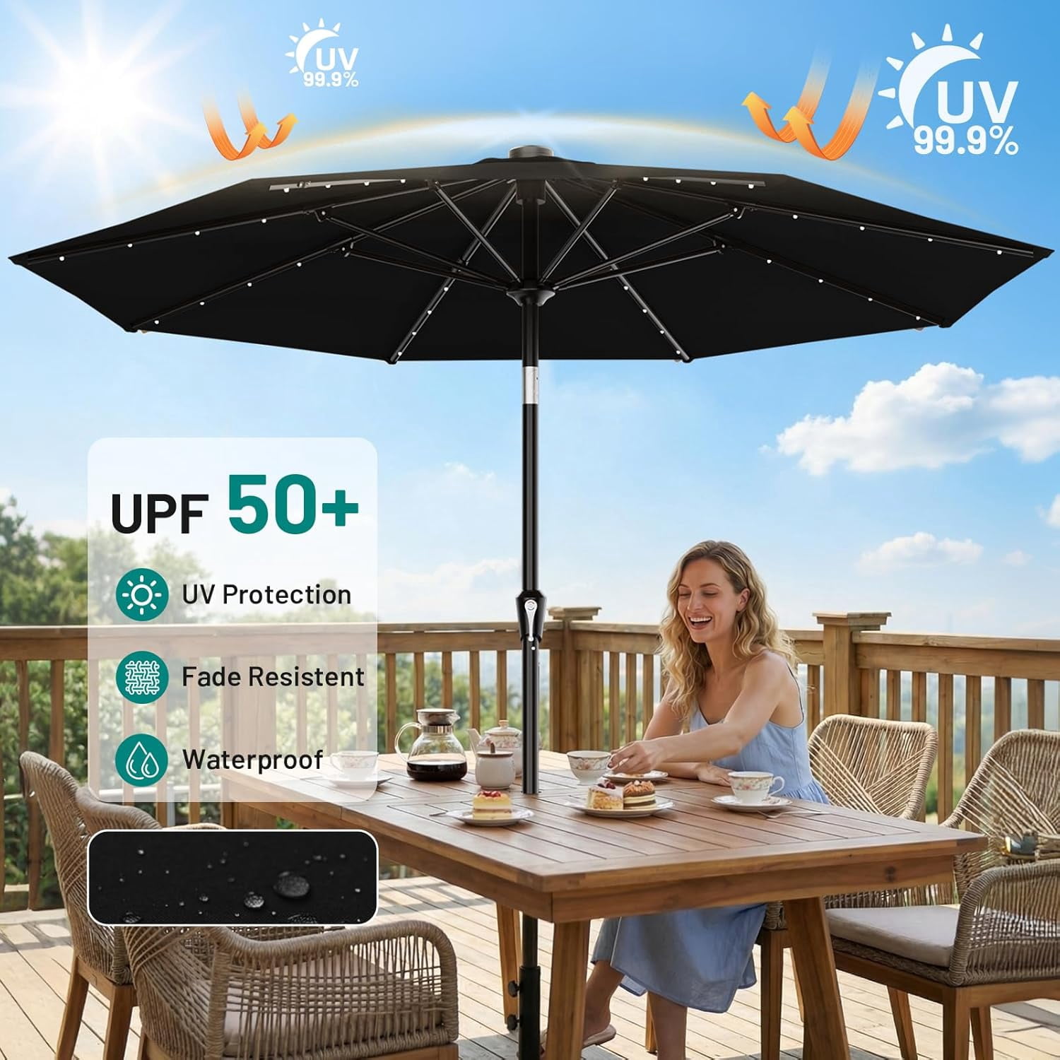 9FT Patio Umbrella with Solar Lights, 32 Lighted Pool Umbrella w/Tilt and Crank, Outdoor Market Solar Umbrellas for Garden, Deck, Backyard, Pool and Beach, Black