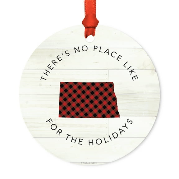 US State Round Metal Christmas Ornament, Red Plaid on Light Rustic Wood, North Dakota, Includes Ribbon and Gift Bag