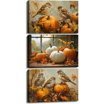 Hieng Autumn Wall Art 3 Pieces Pumpkin with Sparrows Picture Prints Fall Harvest Birds Canvas Painting Thanksgiving Theme Artwork for Farmhouse Decor Unframed